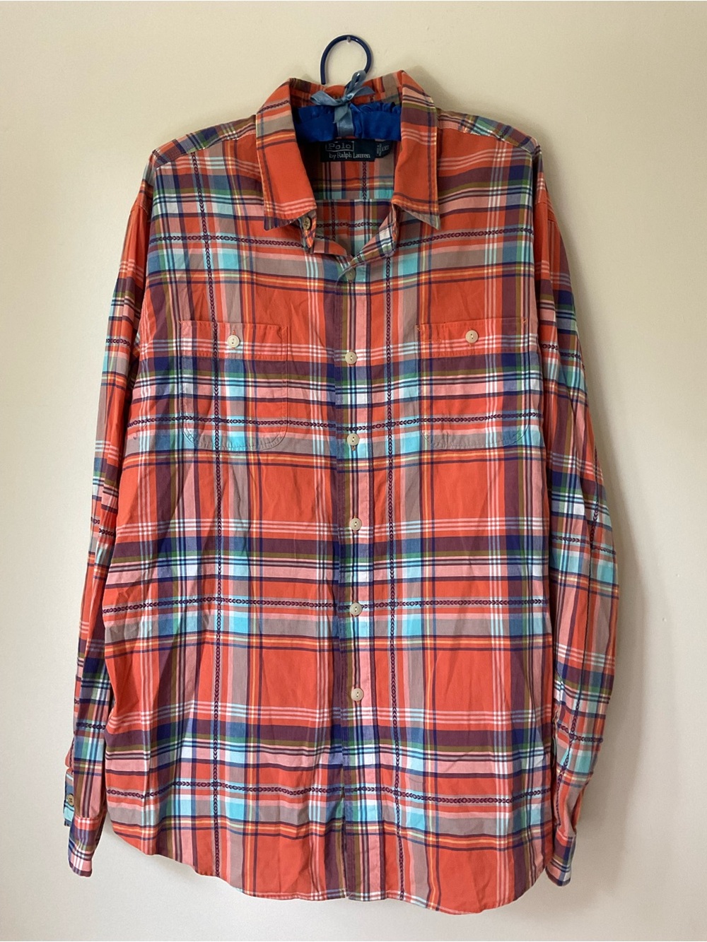 Polo by Ralph Lauren Orange madras Plaid wood Button-Up cotton Shirt vintage